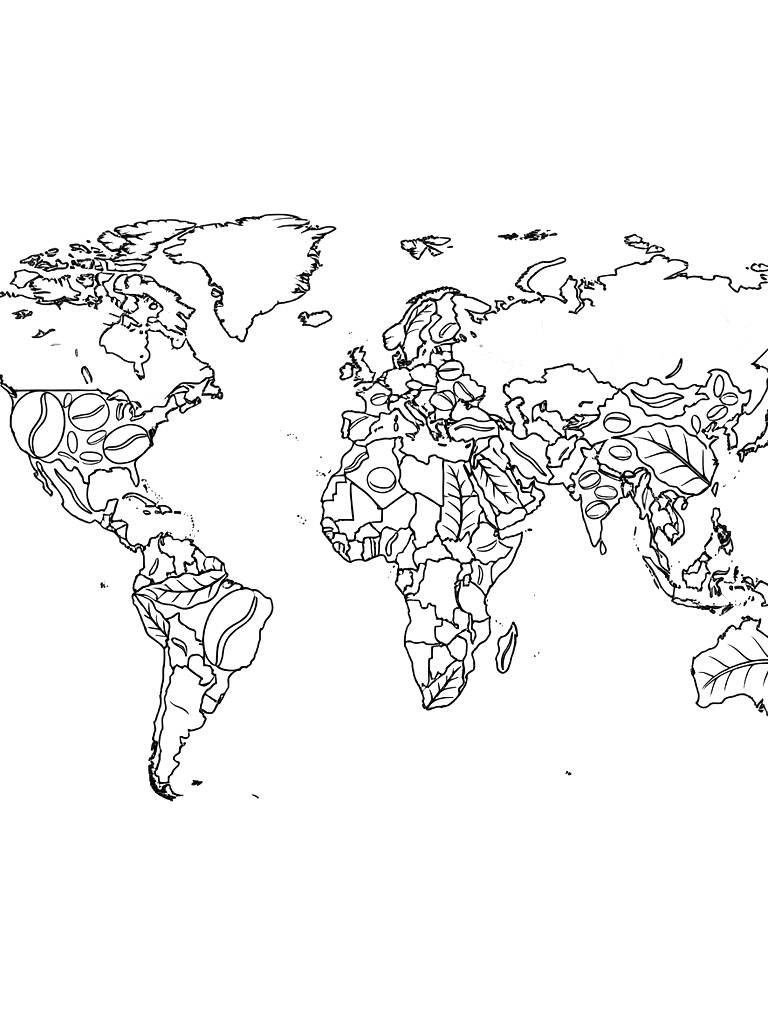 World Map Made Of Various Coffee Beans And Leaves Representing Coffee-growing Regions Coloring Page