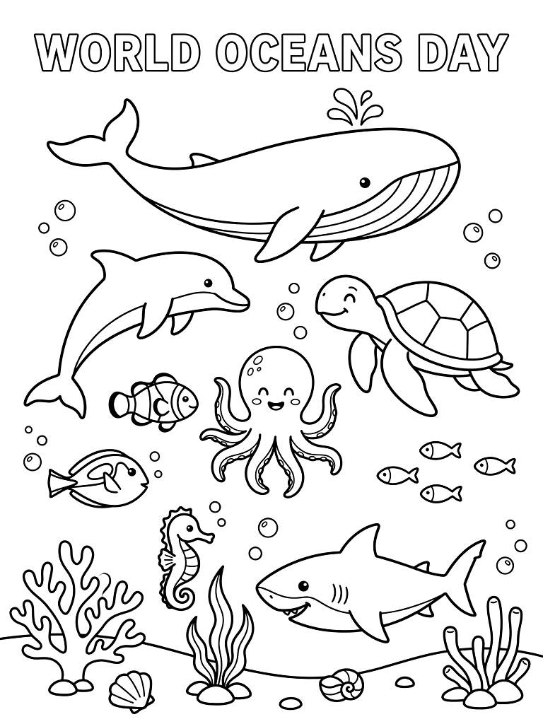 World Oceans Day Sea Creatures Coloring Page