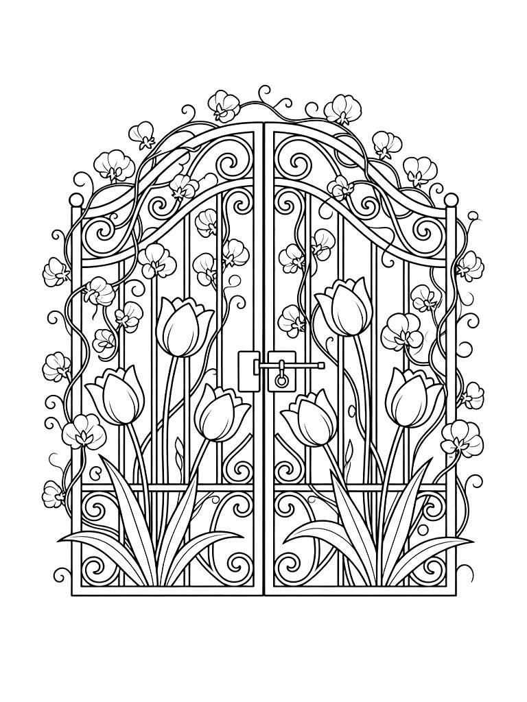 Wrought Iron Garden Gate Overgrown With Sweet Peas And Spring Tulips Coloring Page