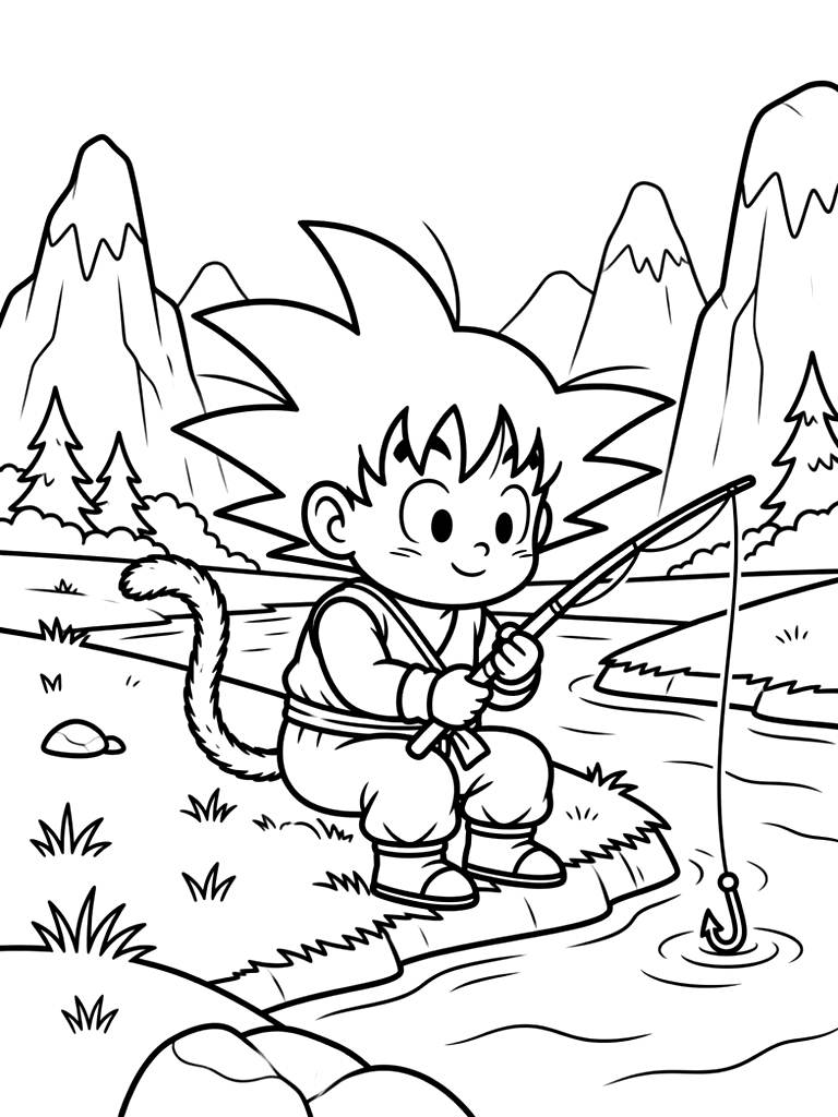 Young Goku Fishing At A Tranquil Mountain River Using His Tail As Bait With High Mountains And Trees In The Background Coloring Page