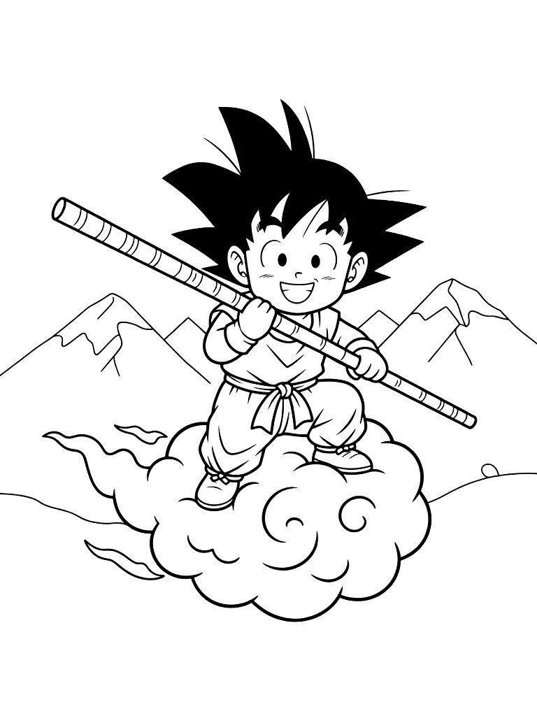 Young Goku Riding His Flying Nimbus Cloud Through A Mountain Range With The Power Pole Coloring Page