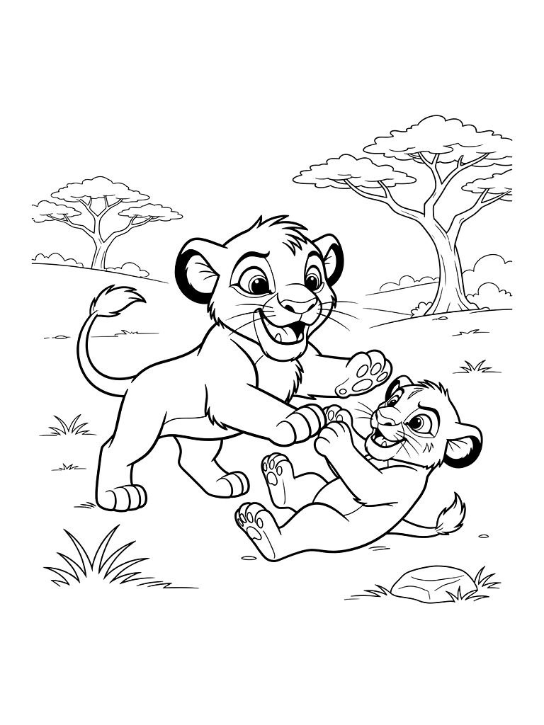 Young Mufasa And Taka Playing Together As Cubs In A Lush Savanna Coloring Page